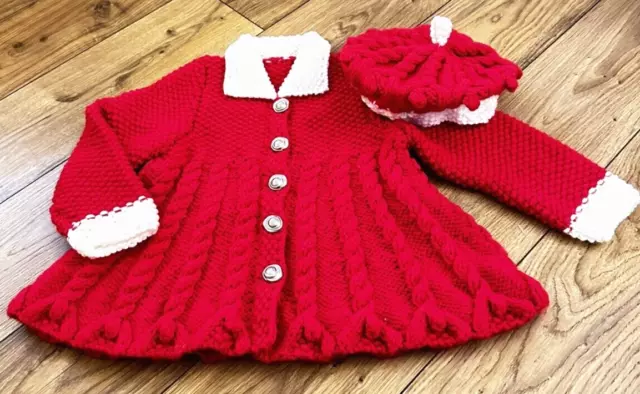 Hand Knitted- CABLE KNIT COAT & BERET -Red & White, Chunky- Apx Age 2 (see desc)