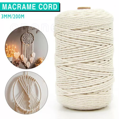 200M 3mm Natural Cotton String Twisted Cord Craft Macrame Artisan Rope Weaving