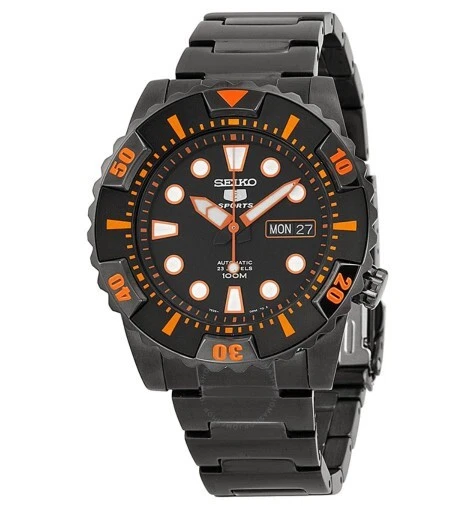New Seiko 5 SNZJ21K1 Sport Automatic Black Orange Men Watch Steel 100M SNZJ21