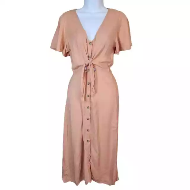 Mimi Chica Peach Buttonfront Dress Tie Waist Cut Out Medium