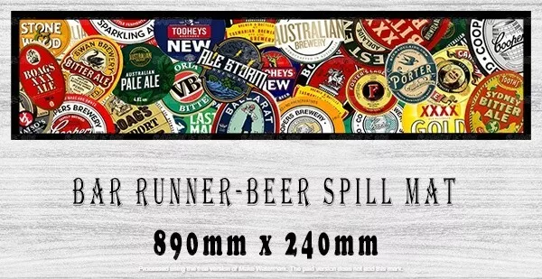 BEER LOGOS Aussie Beer Spill Mat Bar Runner Man Cave (890mm X 240mm) Pub Rubber