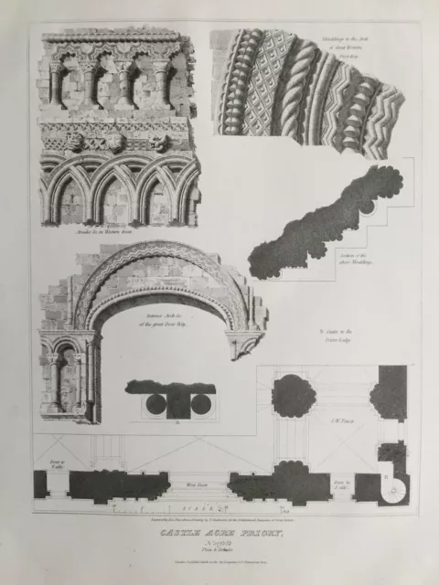 1811 Antique Print; Castle Acre Priory Plan & Detail, Norfolk after F. Mackenzie
