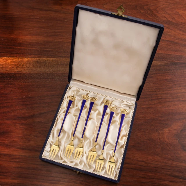 6 Egon Lauridsen Danish 925S Gilt & Enamel Cocktail Forks Boxed No Monogram