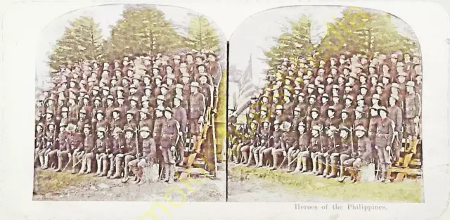 Heroes of the Philippines Soldiers Keystone View Co Stereoview Card Colorized