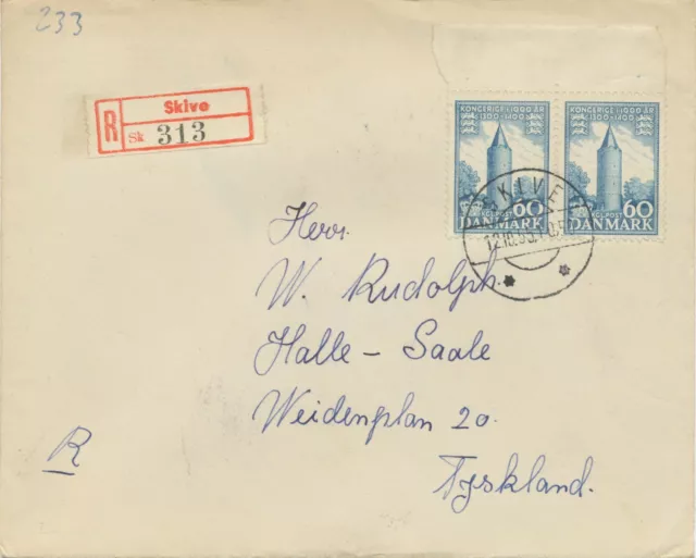 DÄNEMARK 1955 60 Ö (2 x) 1000 Jahre Königreich Dänemark Kab.-R-Brief von „SKIVE"