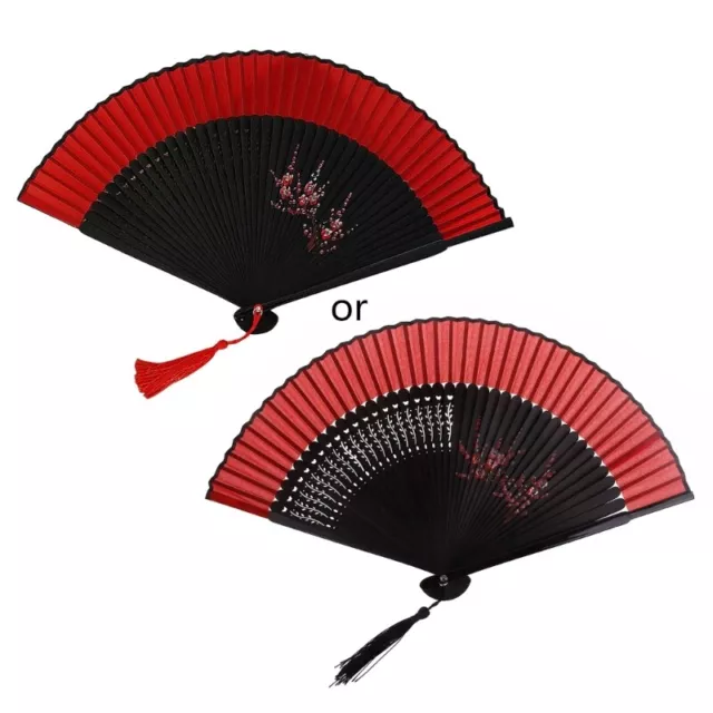 Handheld Flower Folding Fan Vintage Silk Bamboo Hand Fans with Tassels for Women