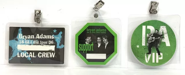 3 Bryan Adams Backstage Passes - VIP, Local Crew, Support Laminated w/Clip Otto