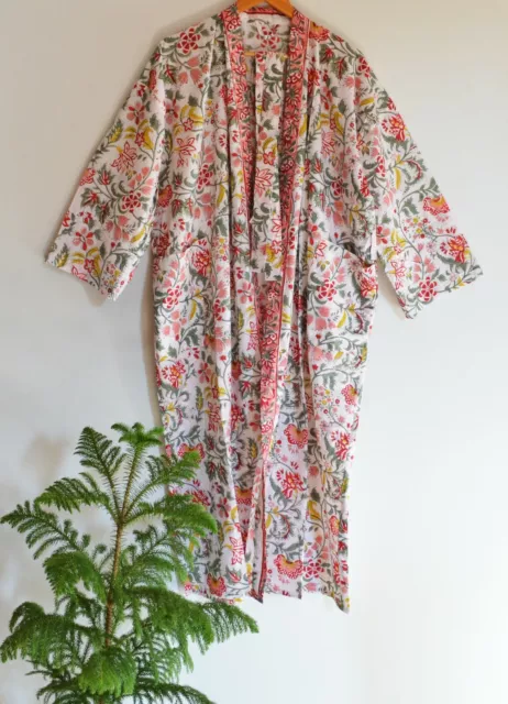 Hand Block Print Floral Dress Bathrobe Women Nightwear Indian Cotton Long Kimono