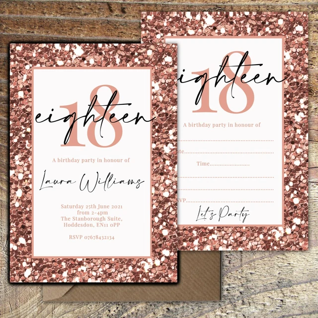 BIRTHDAY INVITATIONS 18TH Rose Gold Glitter Effect Personalised/Blank ...