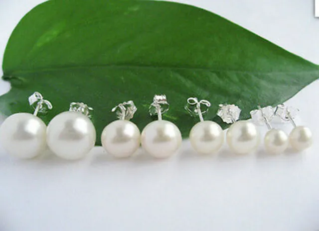 Wholesale Natural White Akoya Freshwater Pearl Solid Silver Stud Earrings AA