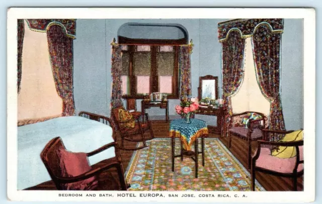 SAN JOSE, COSTA RICA Central America HOTEL EUROPA Bedroom & Bath c1940s Postcard