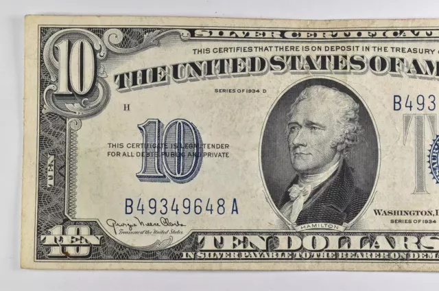 CRISP - 1934-D SILVER CERTIFICATE - US $10 Note - Higher Grade *584