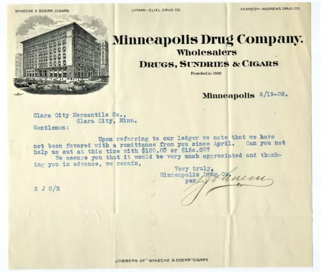 1908 Letterhead Minneapolis (Minnesota) Drug Co. Wholesale Drugs Cigars
