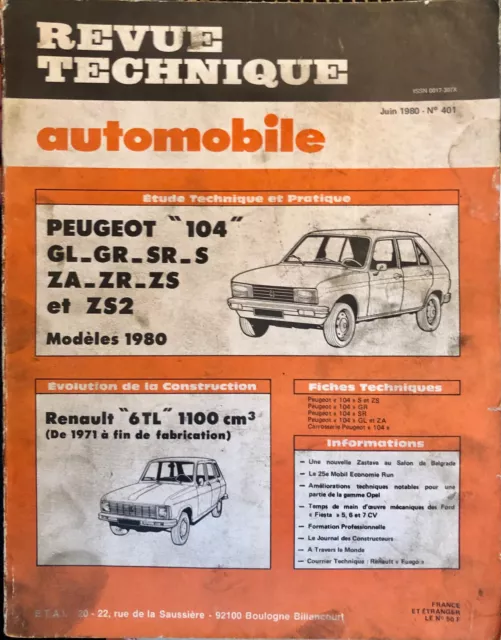 Revue Technique automobile Peugeot 104 - Renault 6 TL 1100 cm3 französisch