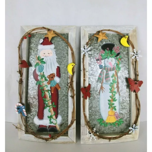 2 homemade christmas wooden framed painted tin wall shelf decor