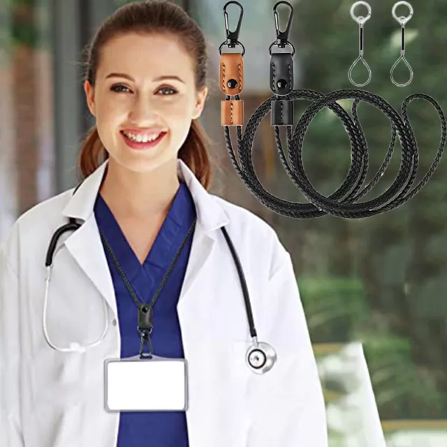 Durable Braided PU Leather Neck Lanyard with Key chain for Key ID badge Holder`