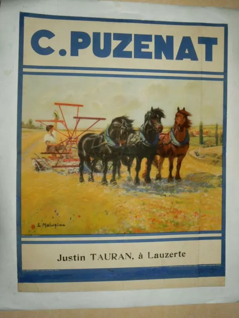 Affiche Ancienne PUZENAT Faucheuse Chevaux  Tracteur Tractor Traktor Poster