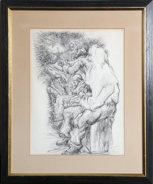 Seymour Rosenthal, Men Praying with Menorah, Ink on paper, signed