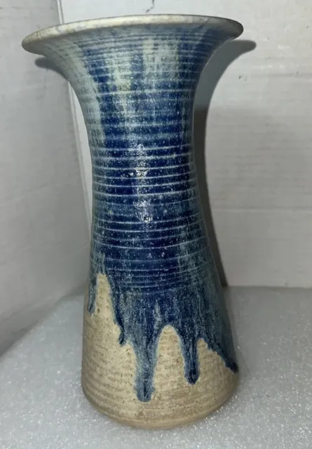 Vintage Signed Mid Century Modern Vase Blue Green  Drip Glaze