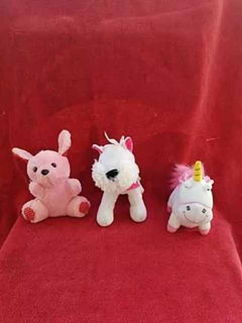 Lot 3 Mini Peluche Doudou Lapin Rose Chien Licorne Rose Blanc Excellent Etat