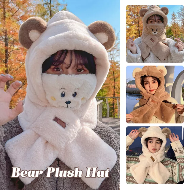 Cute Hat Scarf Gloves 3 In 1 Set Bear Ear Fleece Winter Warm Hooded Earflap 1x