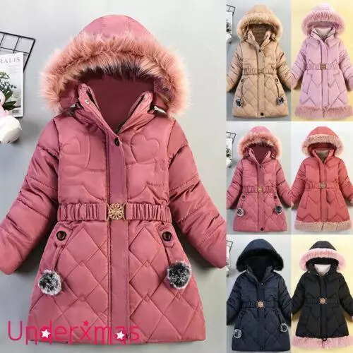 Kids Girls Quilted Puffer Jacket Faux Fur Hooded Parka Coat Winter Warm Outwear