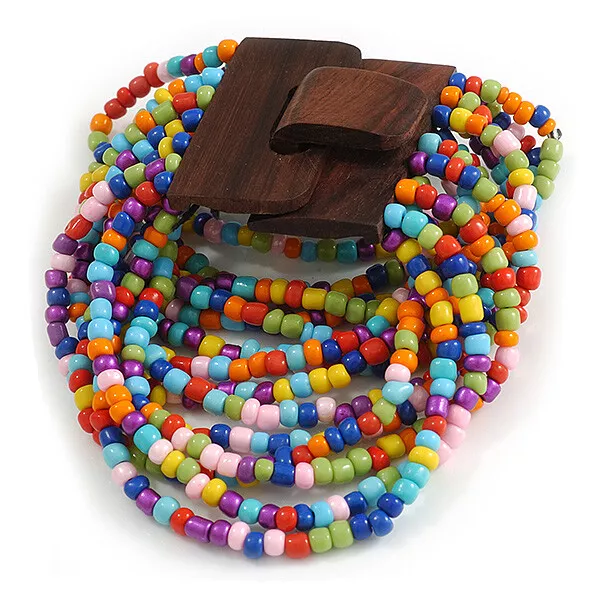 Multicoloured Glass Bead Multistrand Flex Bracelet With Wooden Closure - 18cm L