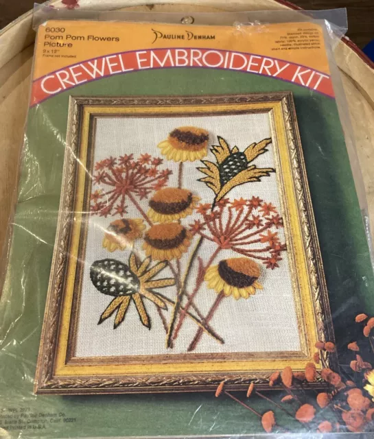NEW Vintage 1970s Pauline Denham Crewel Embroidery Kit Pom Pom Flower  RARE