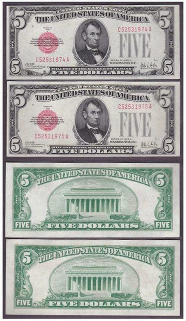 $5 1928A BEAUTIFUL CRISP AU 2 SEQUENTIAL Red Seal U.S. Notes!