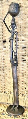 ** Vintage 20" African Woman Brass Bronze Statue Figurine With Baby & Basket **