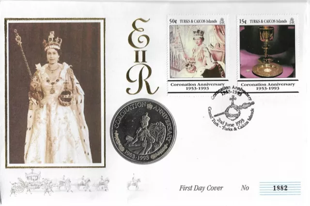 1993 Queen Elizabeth II 40th Coronation Ann. (FDC & Coin)(Turks & Caicos) (1882)