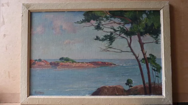 Tableau ancien marine paysage marin huile sur toile collée signé début XXème