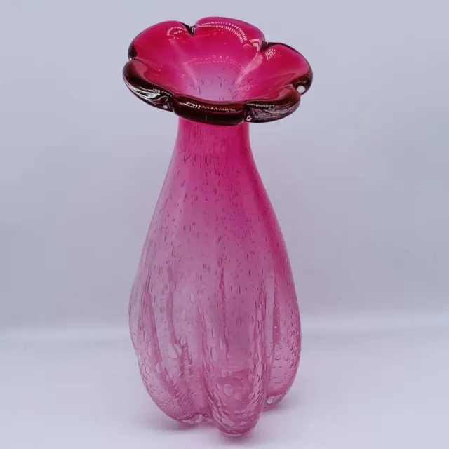 Vintage Art Glass Hand Blown Bullicante Pink Flower Top Two Tone Vase 11”T 5.5”W 2
