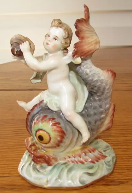 RARE Antique 19th Century Meissen Porcelain Figurine Cupid Dolphin Horn 1744