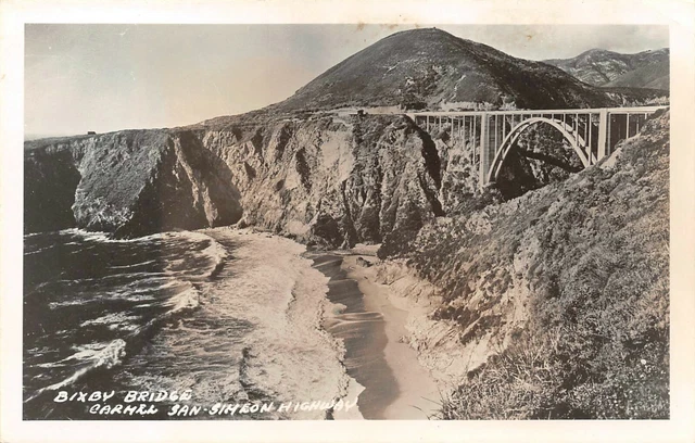 Bixby Creek Bridge Beach Scene Carmel San Simeon Hwy,CA Vtg 1940's RPPC Postcard