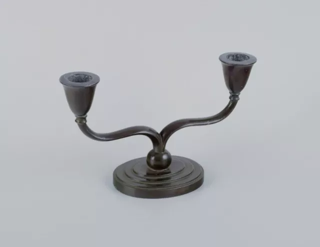 Just Andersen, pair of two-armed Art Deco candlesticks in "disko" metal. 3