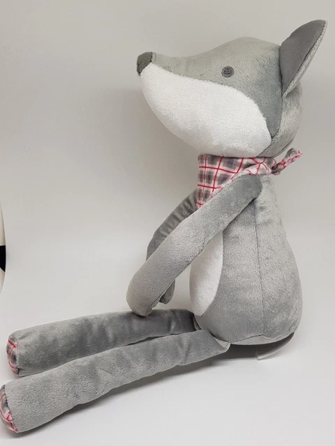 Doudou PELUCHE Obaibi Okaidi renard chien gris blanc bandana rouge carreaux NEUF