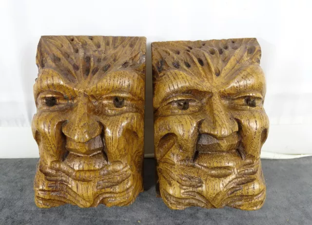 Antique French Carved Oak Wood Pair of Green man Head Trim Salvage Corbels