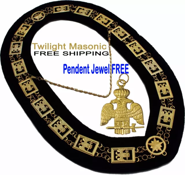 Masonic COLLAR Regalia 32 Degree WINGS DOWN SCOTTISH RITE Gold Chain + PENDANT