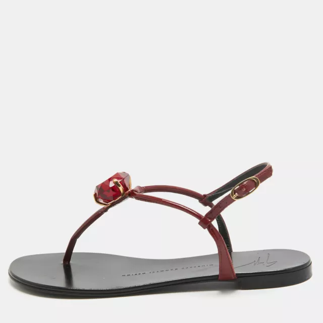 Giuseppe Zanotti Burgundy Patent Leather Crystal Embellished Thong Flat Sandals