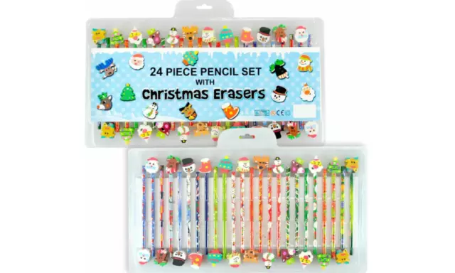 Pencil Set With Christmas Erasers Rubbers School Drawing Craft Art Set 24 Piece