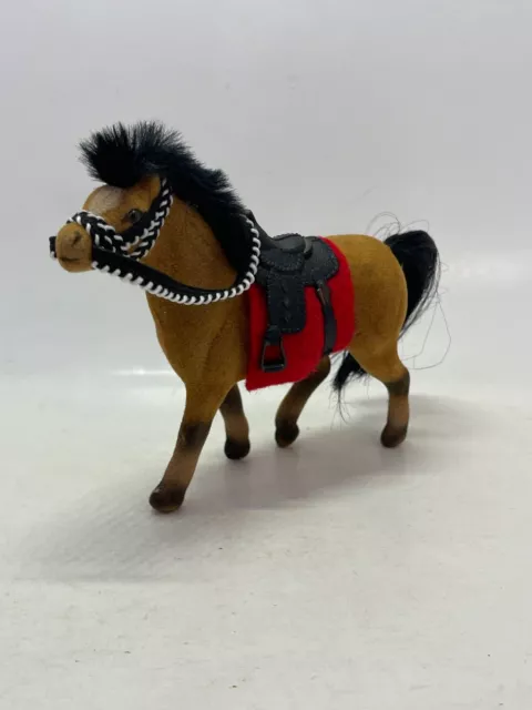 Vintage Toy Plastic Velvet Flocked Coated Felt Brown Horse With Saddle Reins
