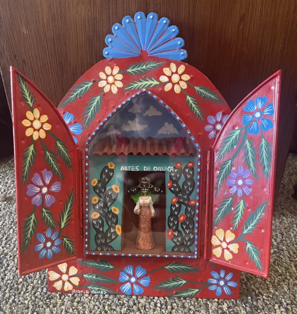 Mexican Folk Art Tin Nicho Shadow Box Hand Painted Traditional Hinged Rustic