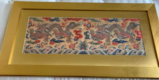 Vintage Chinese Silk Embroidery Panel Textile Tapestry Framed 19“X 37” Pair