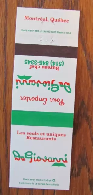 Da Gioanni Restaurant Matchbook Cover: Montreal, Quebec Matchcover -C18