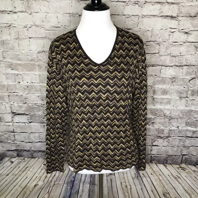 Emanuel Ungaro Liberte Brown Chevron Stripe Long Sleeve Sweater Large Petite 2