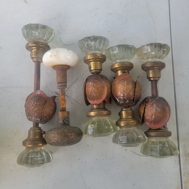8 Vintage Antique 12 Point Glass Brass Door Knobs Handles