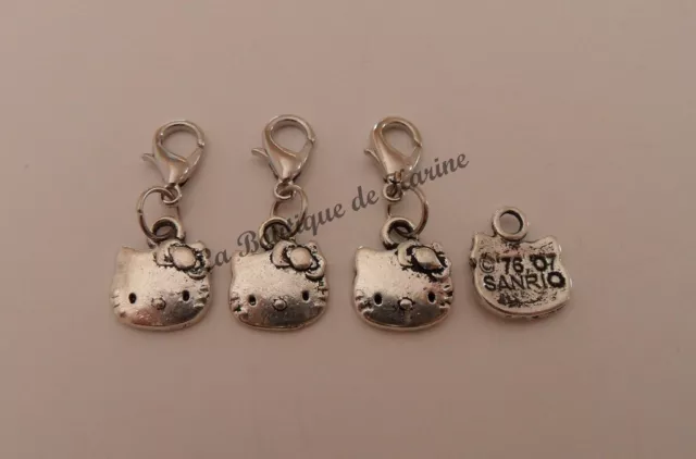 3 Charms Breloque Hello Kitty Metal Argente A Fermoir -  Bracelet Bijoux Perles