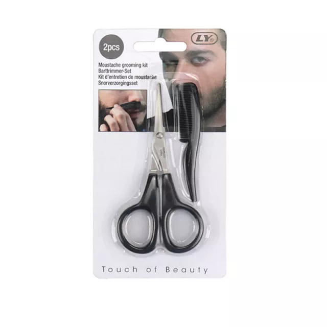 2Pcs Beard Mustache Scissors Comb Nose Hair Trimming Travel Grooming Kit 2
