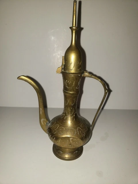 Vintage Antique Brass Floral Etched Ewer Pitcher Tea Pot Tall Hinged Lid